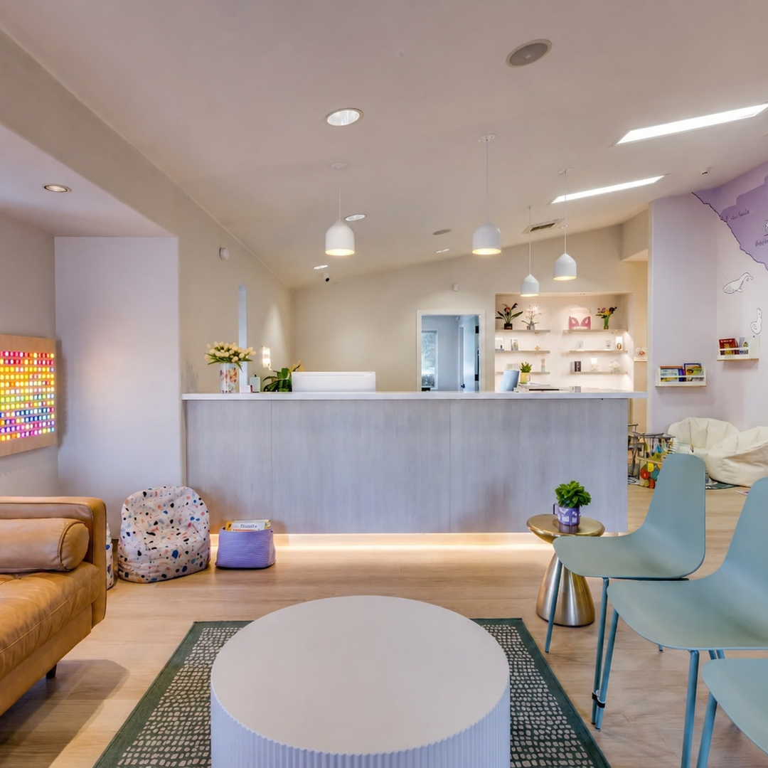 Bright, colorful waiting room or kids play area in a dental office.