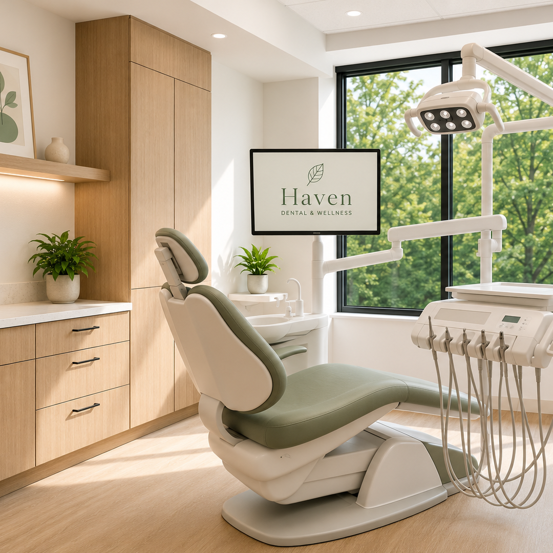 Calm, bright dental operatory with natural light, plants, and warm wood tones.