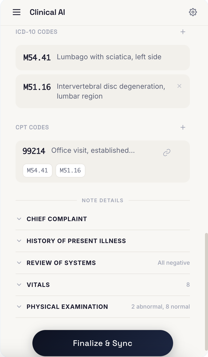 Clinical AI scribe extension showing note generation and automated coding
