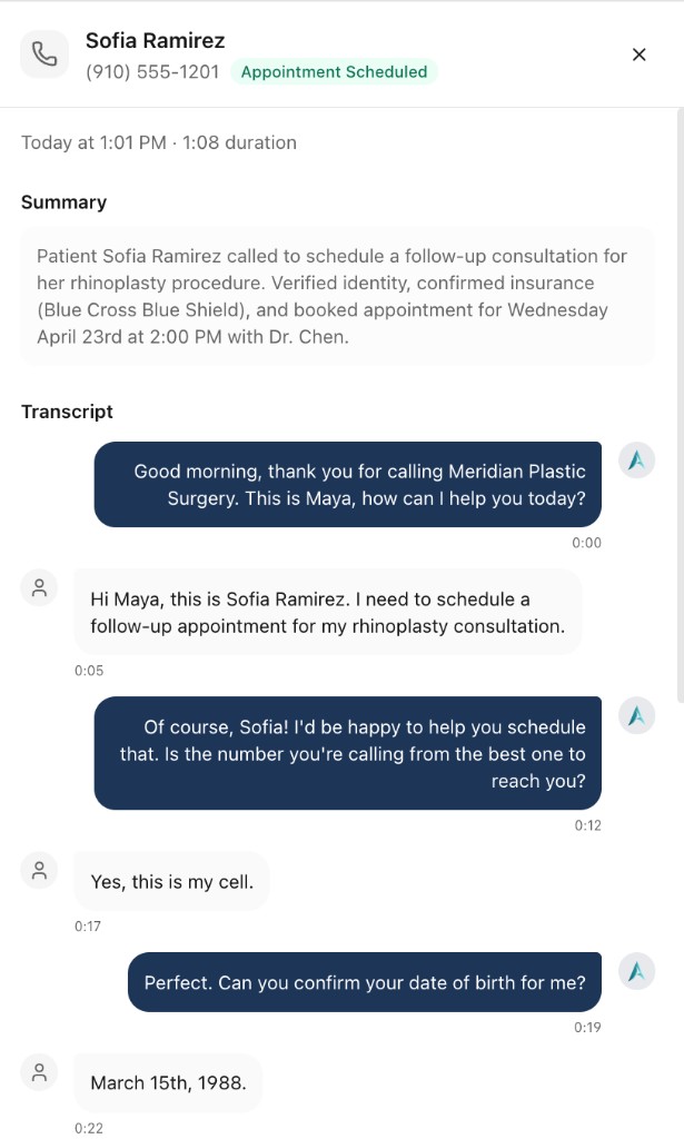 AI receptionist call transcript showing appointment scheduling conversation